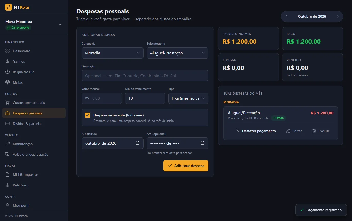 Tela de despesas pessoais do N1Rota com formulário de nova despesa e resumo de previsto, pago, a pagar e vencido